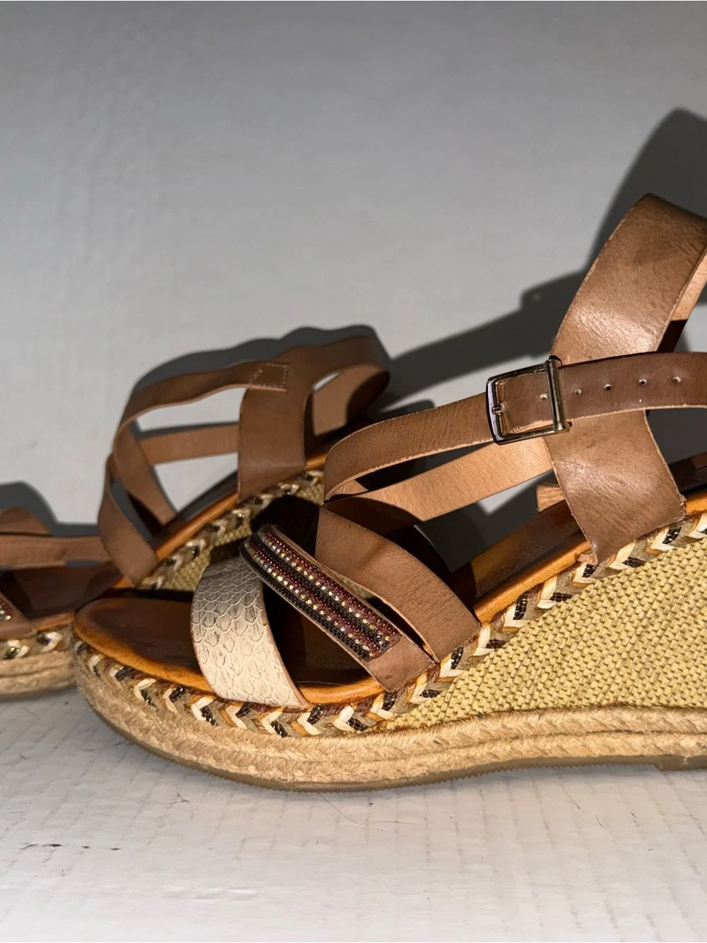 Brown Strappy Wedge Sandals with Braided Espadrille Sole
